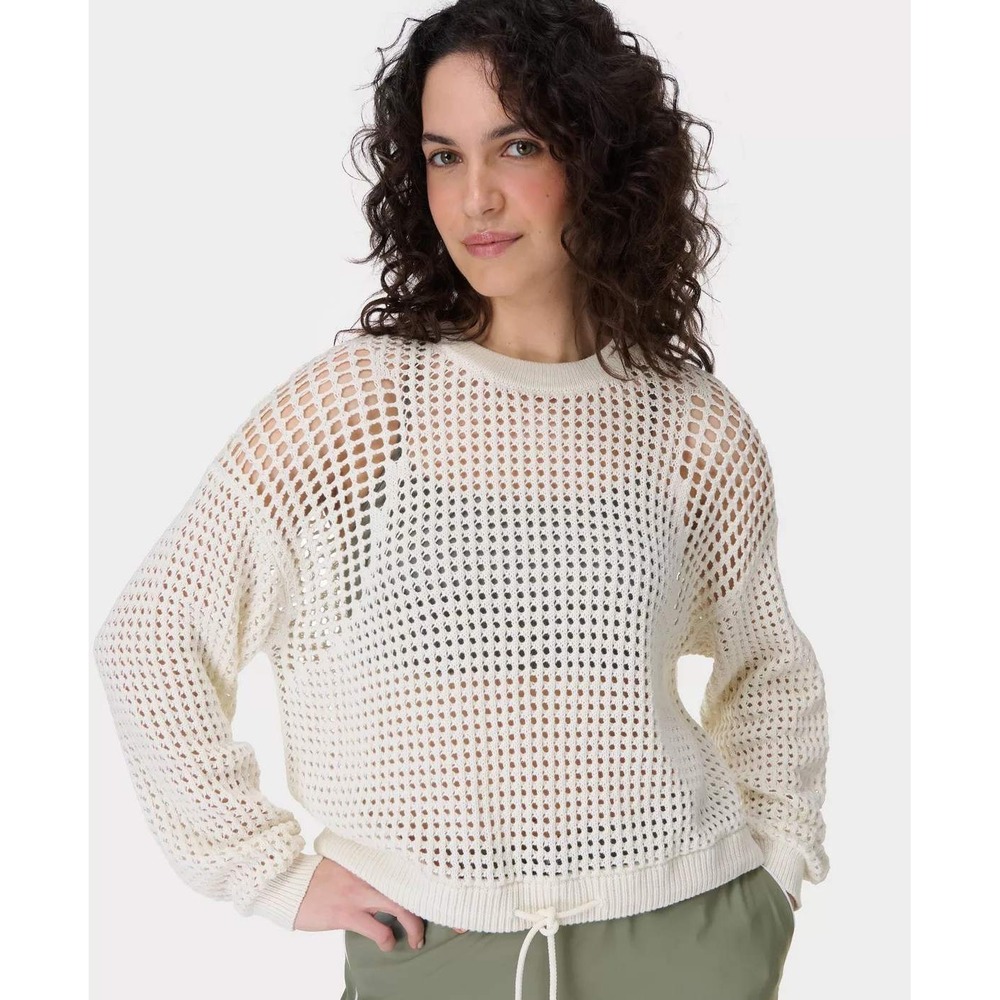 Sweaty Betty Tides High Open Weave Sweater Large Cream Cotton Knit Mesh Pullover